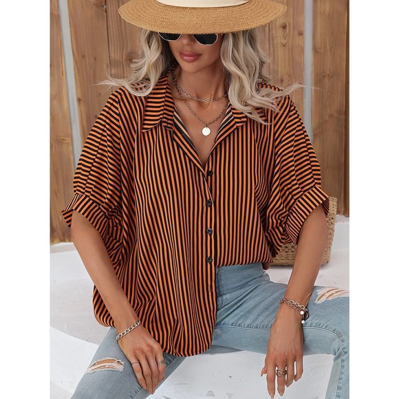 boho minimalist preppy Striped black white button up Batwing Sleeve Shirt - Picture 11 of 11